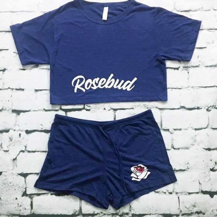 Rosebud Cropped T-Shirt Shorts Set (Blue White, Printed on American Apparel)