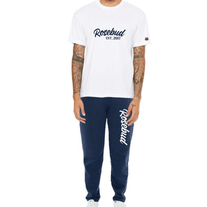 Rosebud Unisex Crewneck T-Shirt on the go Jogger Set (Navy Blue White, Printed on American Apparel)