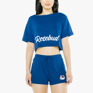 Rosebud Cropped T-Shirt Shorts Set (Blue White, Printed on American Apparel)